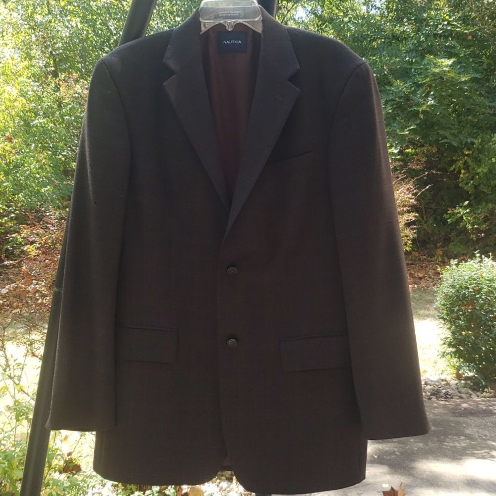 Nautica Blazer Sports Coat Mens 40L Brown Windowpane Plaid 100% Wool